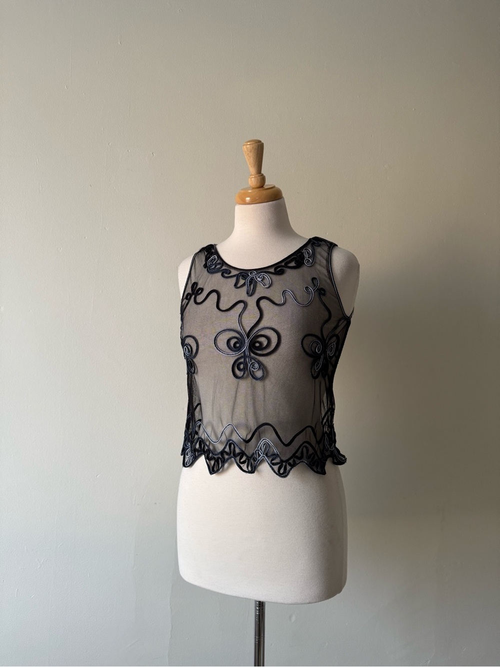 Vintage Sheer Black Mesh Embroidered Crop Top | Y2K Whimsy Goth